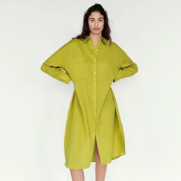 ZARA Chartreuse/ Lime green Linen Shirt Dress XXL - Picture 2 of 9